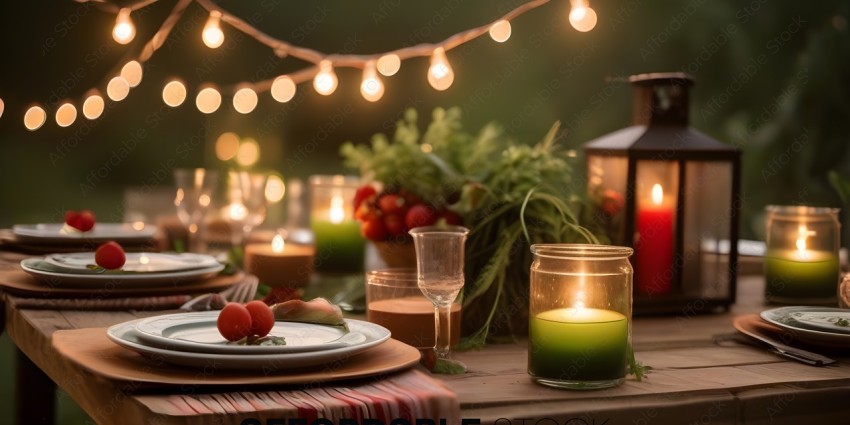 A table with a candlelit dinner and a red and white tablecloth
