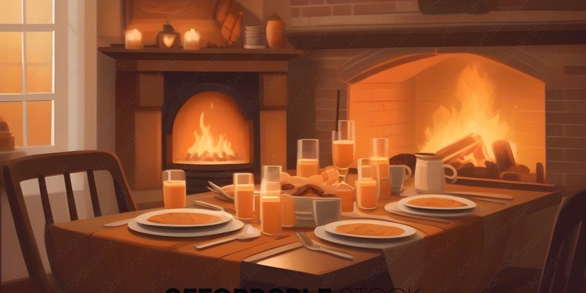 A cozy scene of a table with a fireplace and food