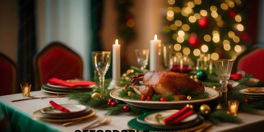 A Christmas dinner with a roasted turkey and candles