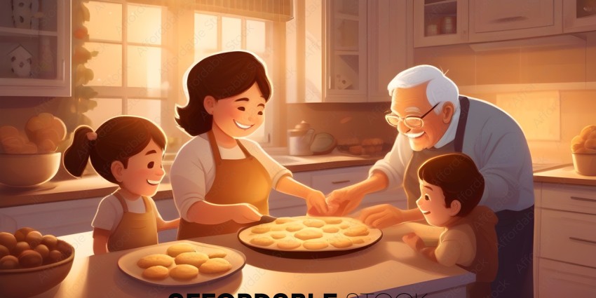 A family of four people are making cookies together