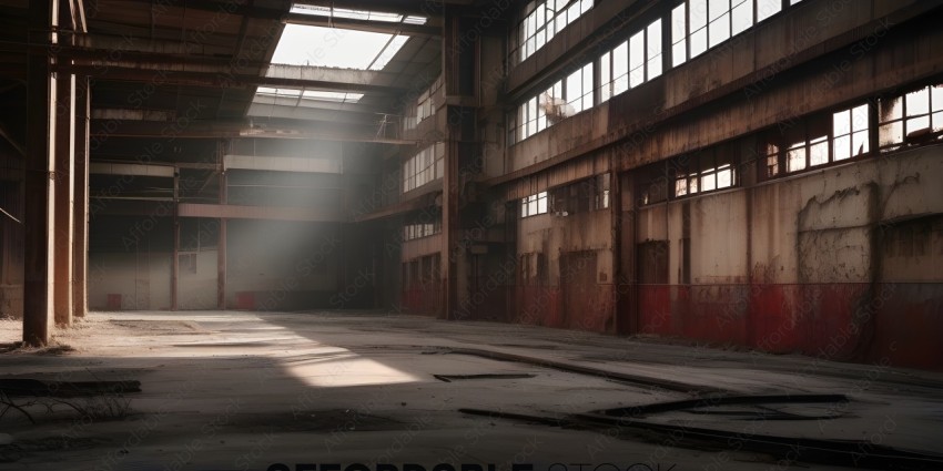 An abandoned building with a sunbeam shining through a window