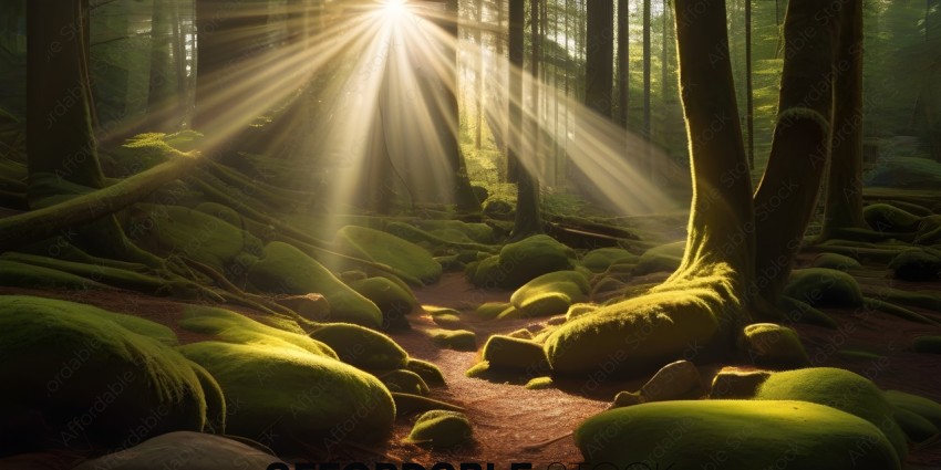 A forest with moss and sunlight