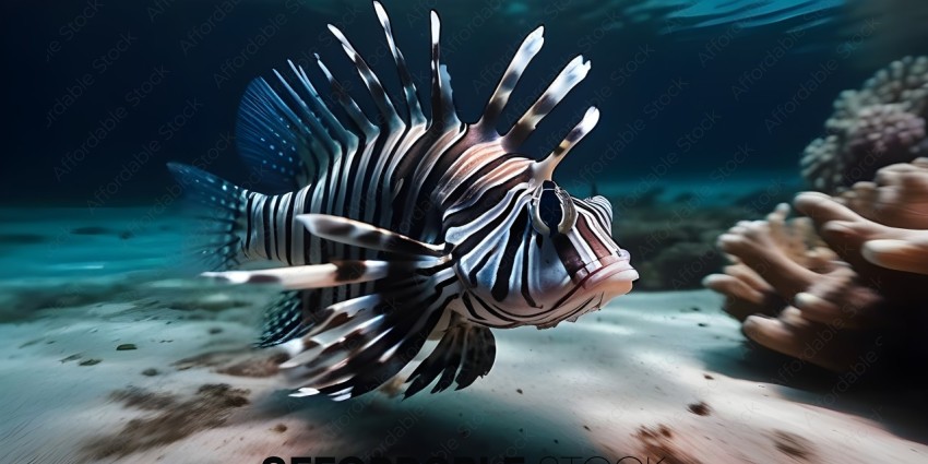 A close up of a zebra fish swimming in the ocean