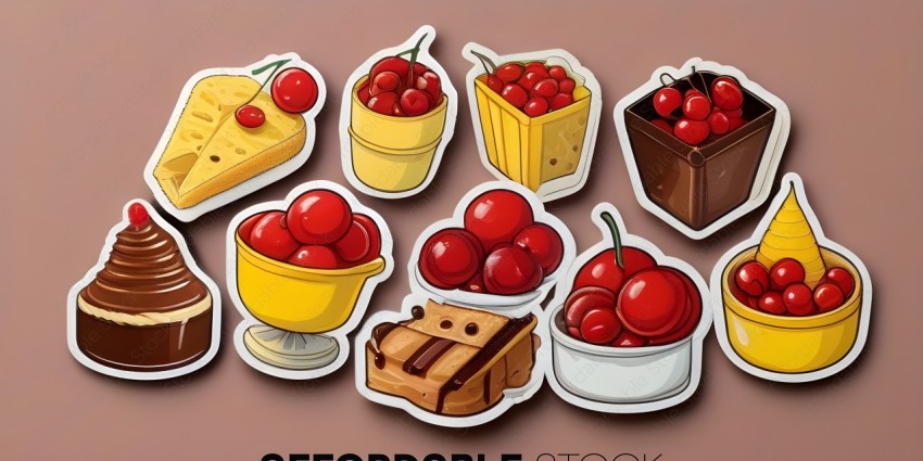 Stickers of various desserts and fruits