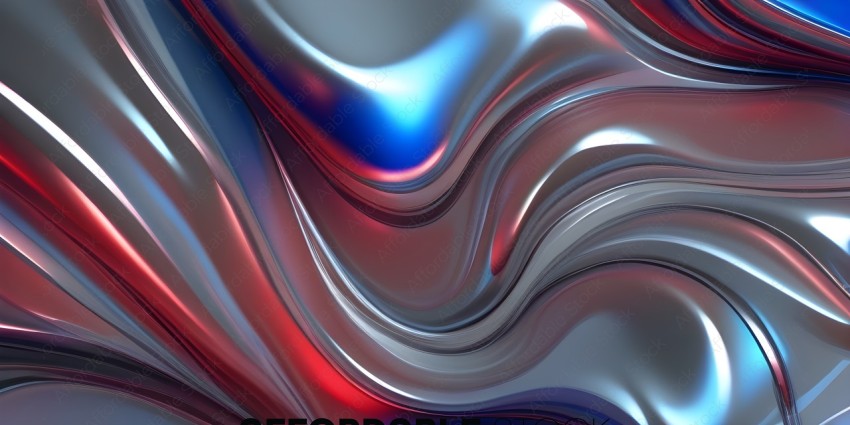 A shiny, metallic, red, blue, and silver art piece