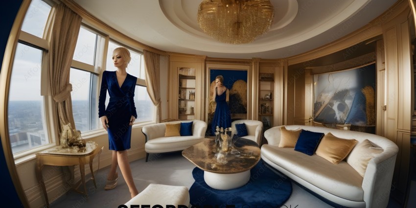 Two women in blue dresses in a fancy room