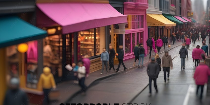 People walking on a street in front of a pink building