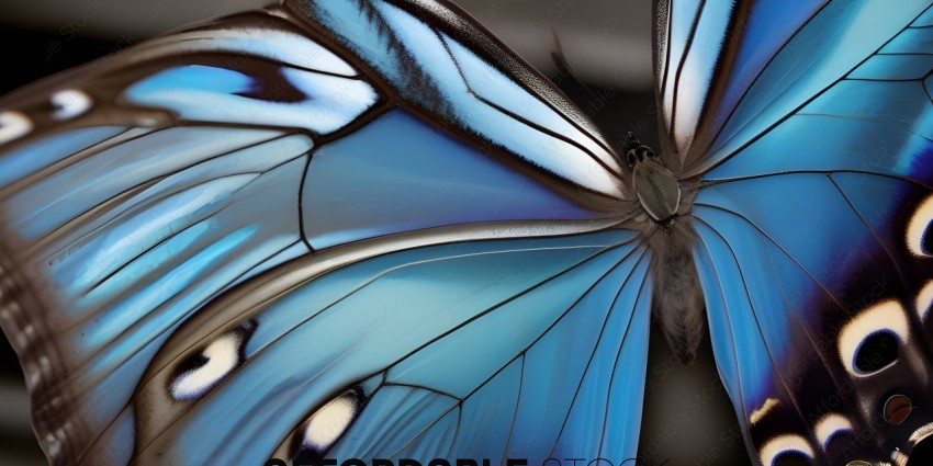 A close up of a blue butterfly with a brown spot on its head