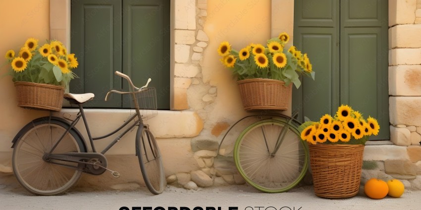 A bicycle and a basket of flowers are leaning against a wall
