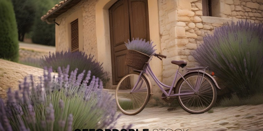 A purple bicycle with a wicker basket