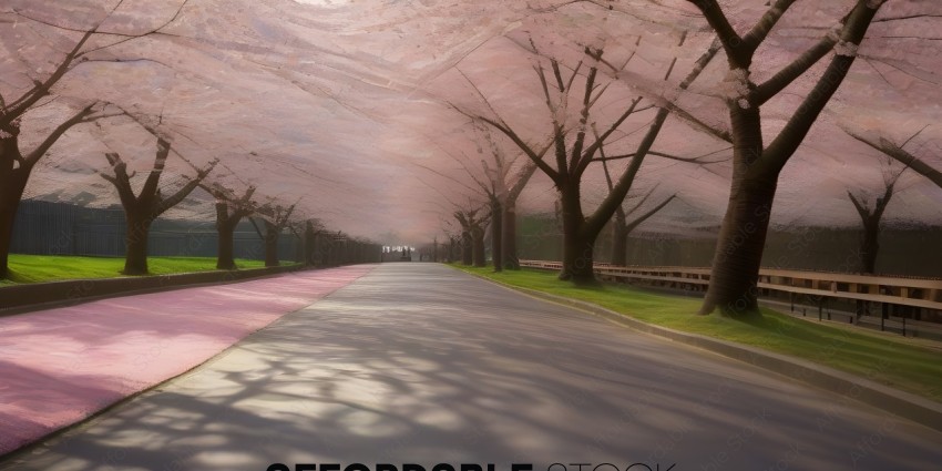 A tree lined street with pink blossoms