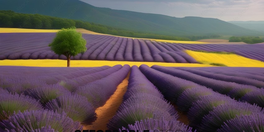 A beautiful landscape of lavender fields and a tree
