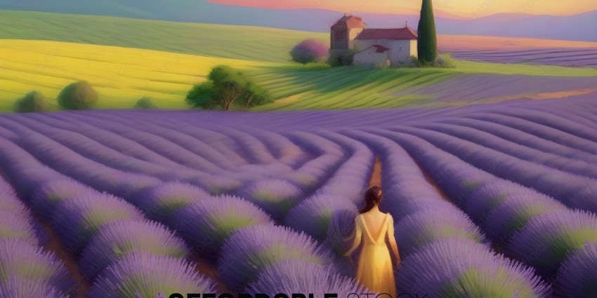 A woman in a yellow dress walks through a field of lavender
