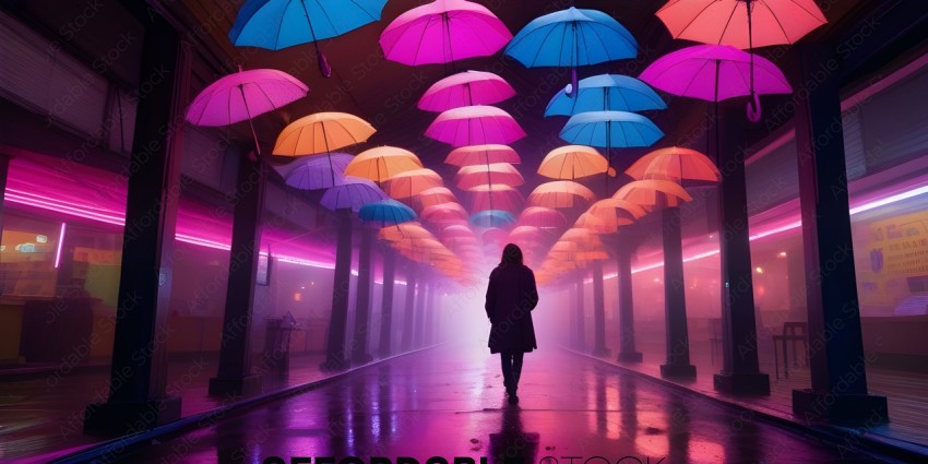 A person walking through a tunnel of colorful umbrellas