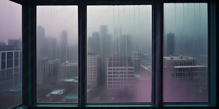 A view of a city through a window with rain