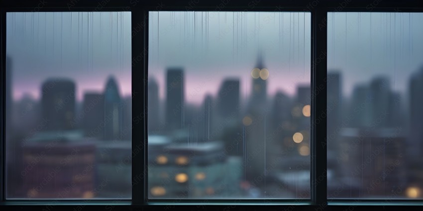 A cityscape at dusk with rain falling