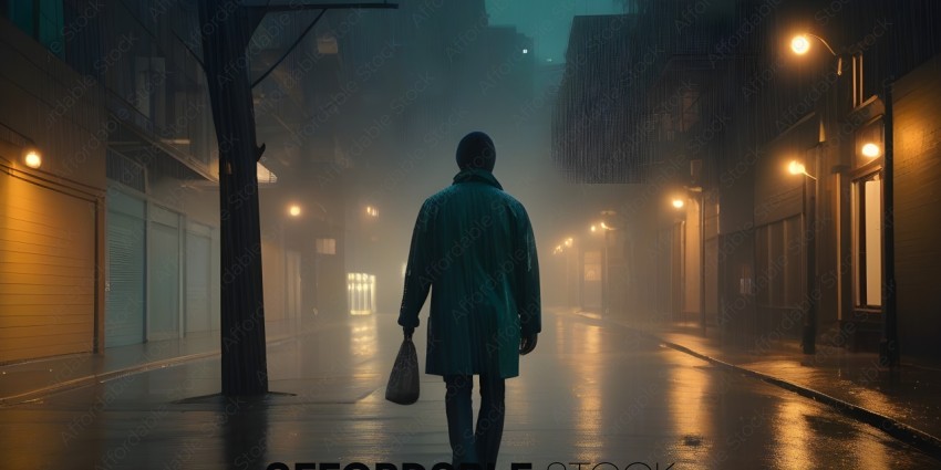 A man in a long coat walks down a rain soaked street