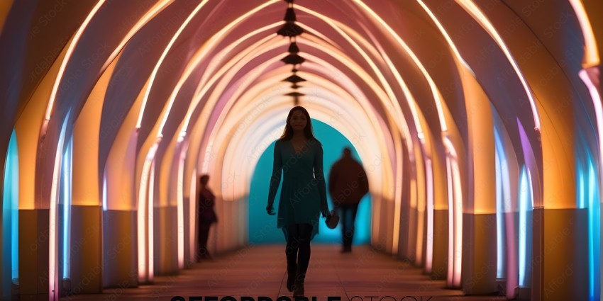 A woman in a blue dress walks through a tunnel