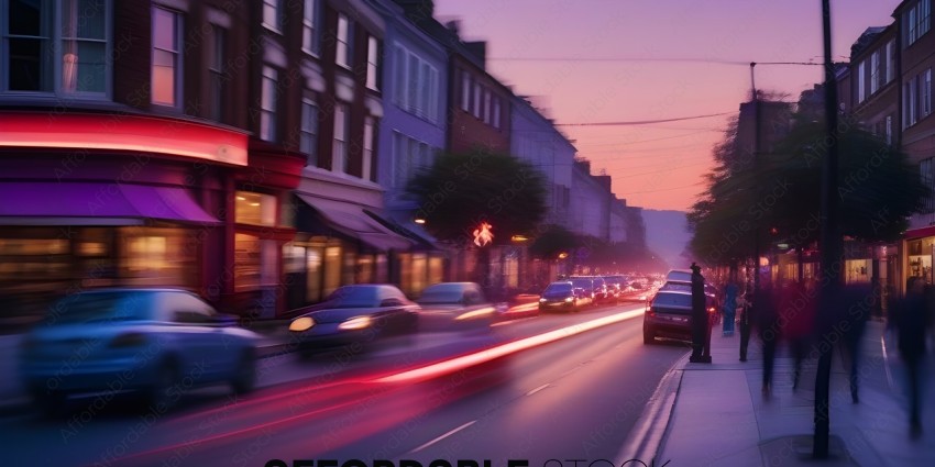 A busy city street at dusk