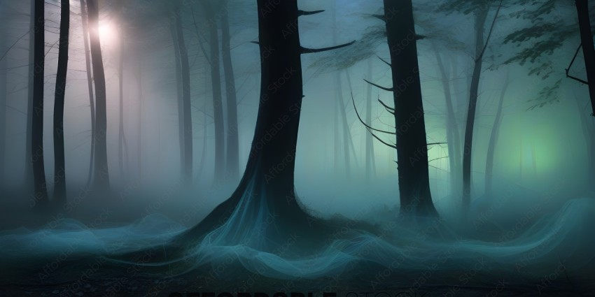 A forest with a misty atmosphere