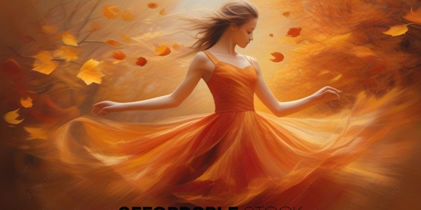 A woman in a red dress is dancing in front of a backdrop of orange leaves