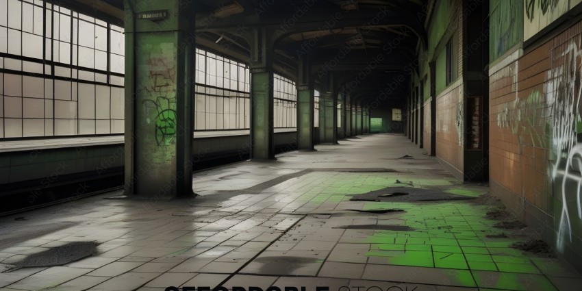 A long, dark, and empty train station with green graffiti on the walls