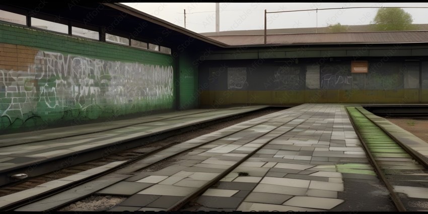 A train station with graffiti on the wall