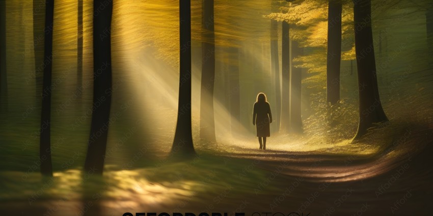 A woman walking in a forest with sunlight streaming through the trees