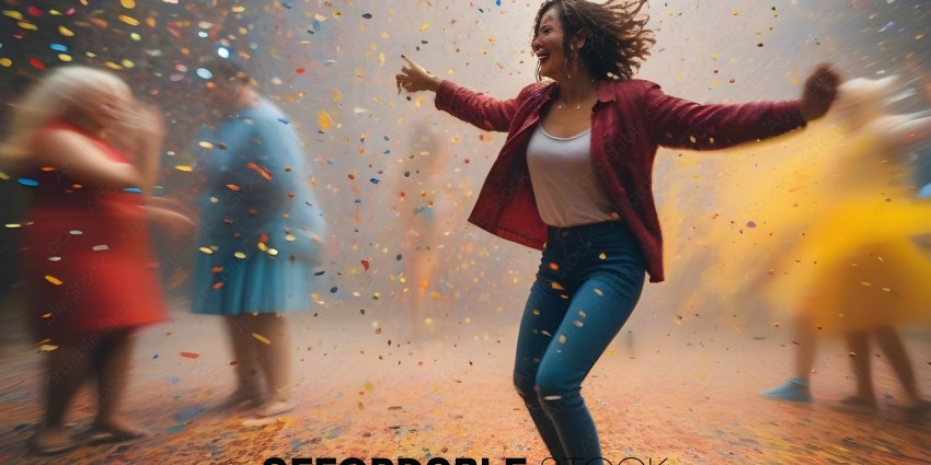 A woman in a red jacket and jeans is surrounded by confetti