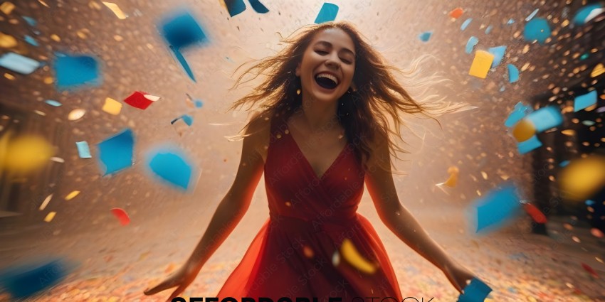 A woman in a red dress is laughing and surrounded by confetti