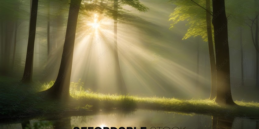 A serene forest scene with a sunbeam shining through the trees
