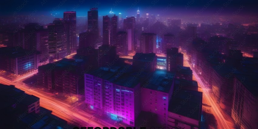 A cityscape at night with a pink hue
