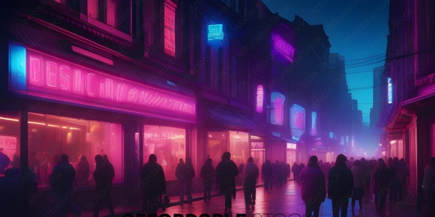 People walking down a street at night with neon lights