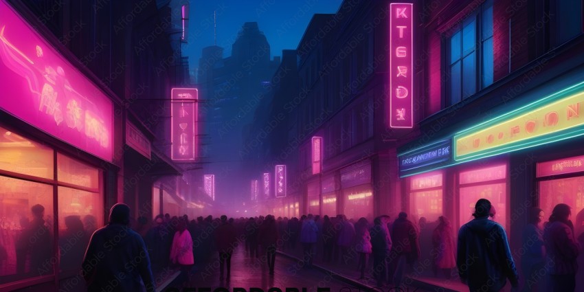 A crowded city street at night with neon signs