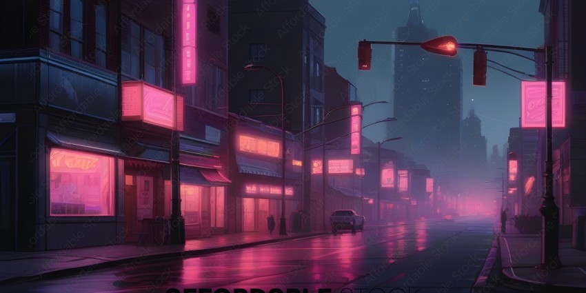 A city street at night with neon lights