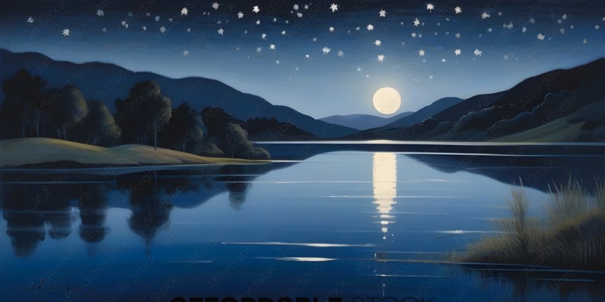 A painting of a moonlit night with a reflection on the water