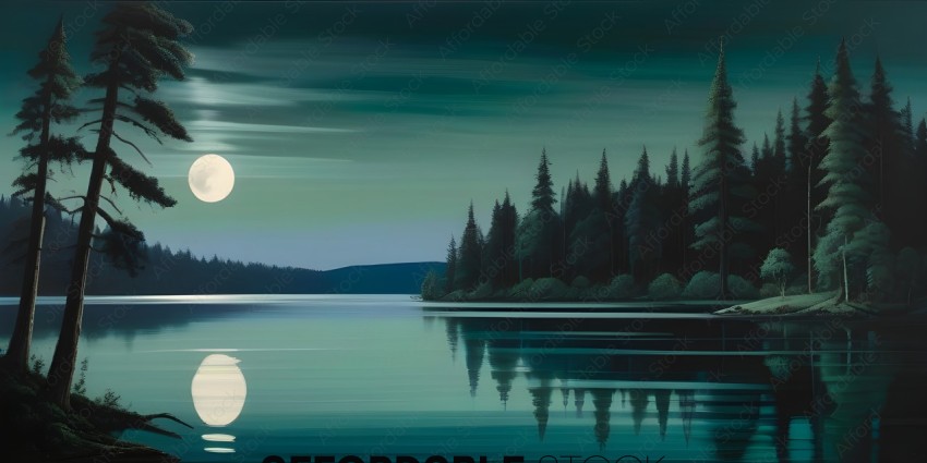 A painting of a lake at night with a full moon