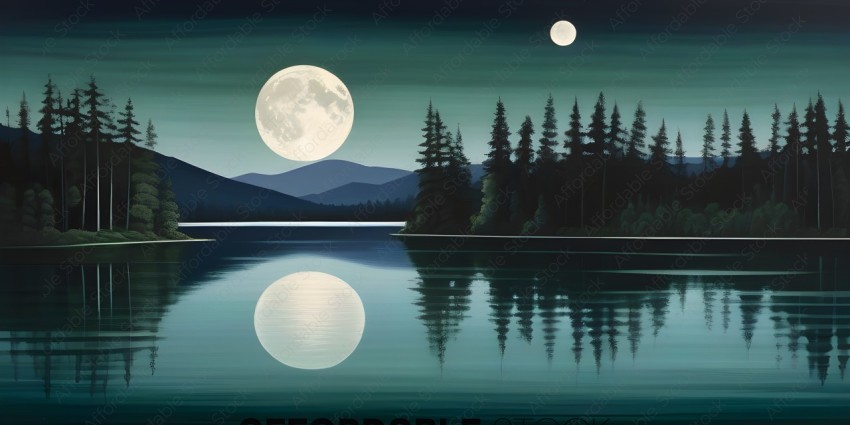 A painting of a moonlit night with a reflection of the moon on the water