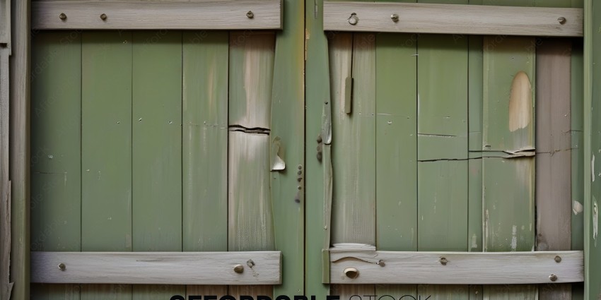 Green wooden door with peeling paint