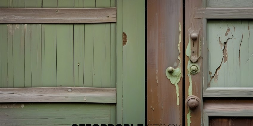 Green door with peeling paint