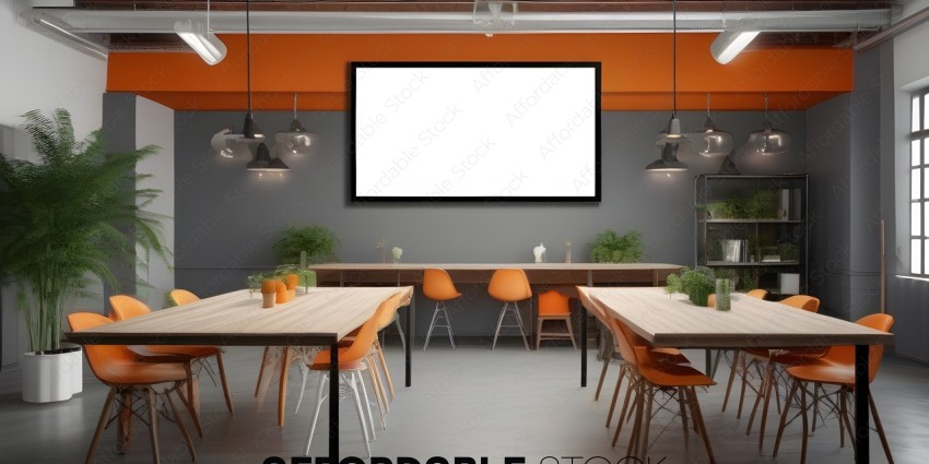 A large white screen on the wall of a room with orange accents