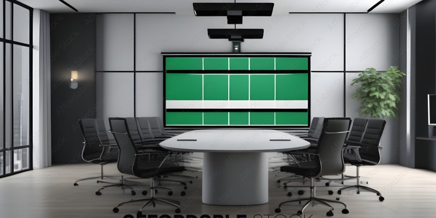 A conference room with a green and white screen
