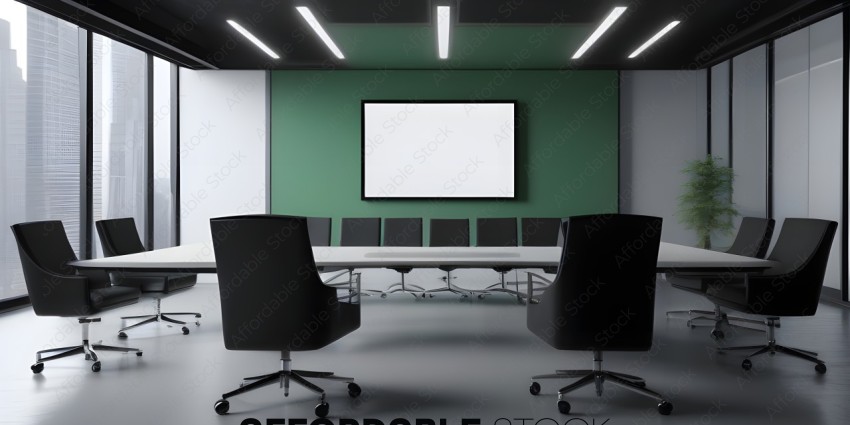 A conference room with a whiteboard and black chairs