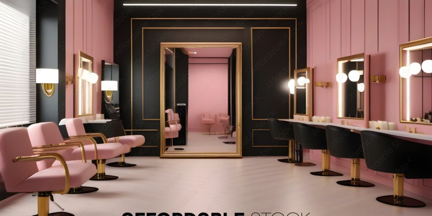 A fancy salon with pink walls and black accents