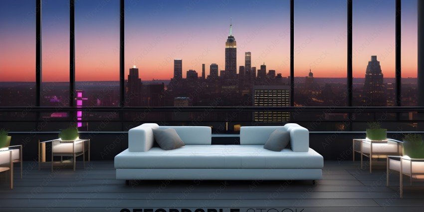 A white couch in front of a city skyline