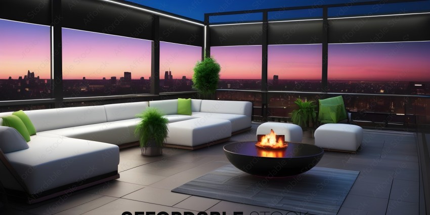 A modern living room with a fireplace and city view