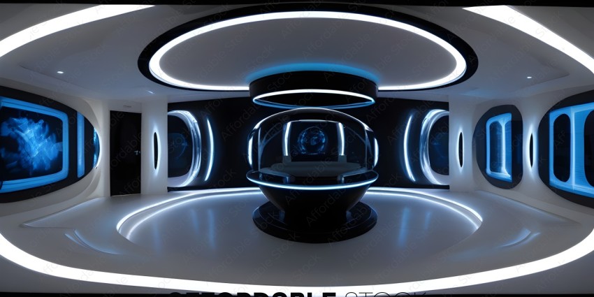 A futuristic room with a large bowl and a lighted circle