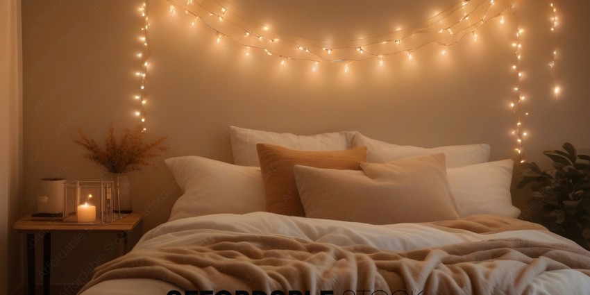 A cozy bed with a white blanket and pillows