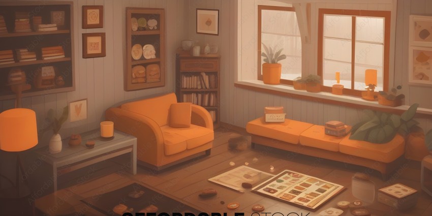 A living room with two orange couches and a game board
