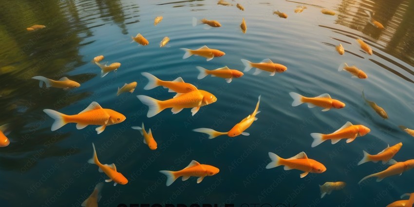 A school of goldfish swimming in a pond